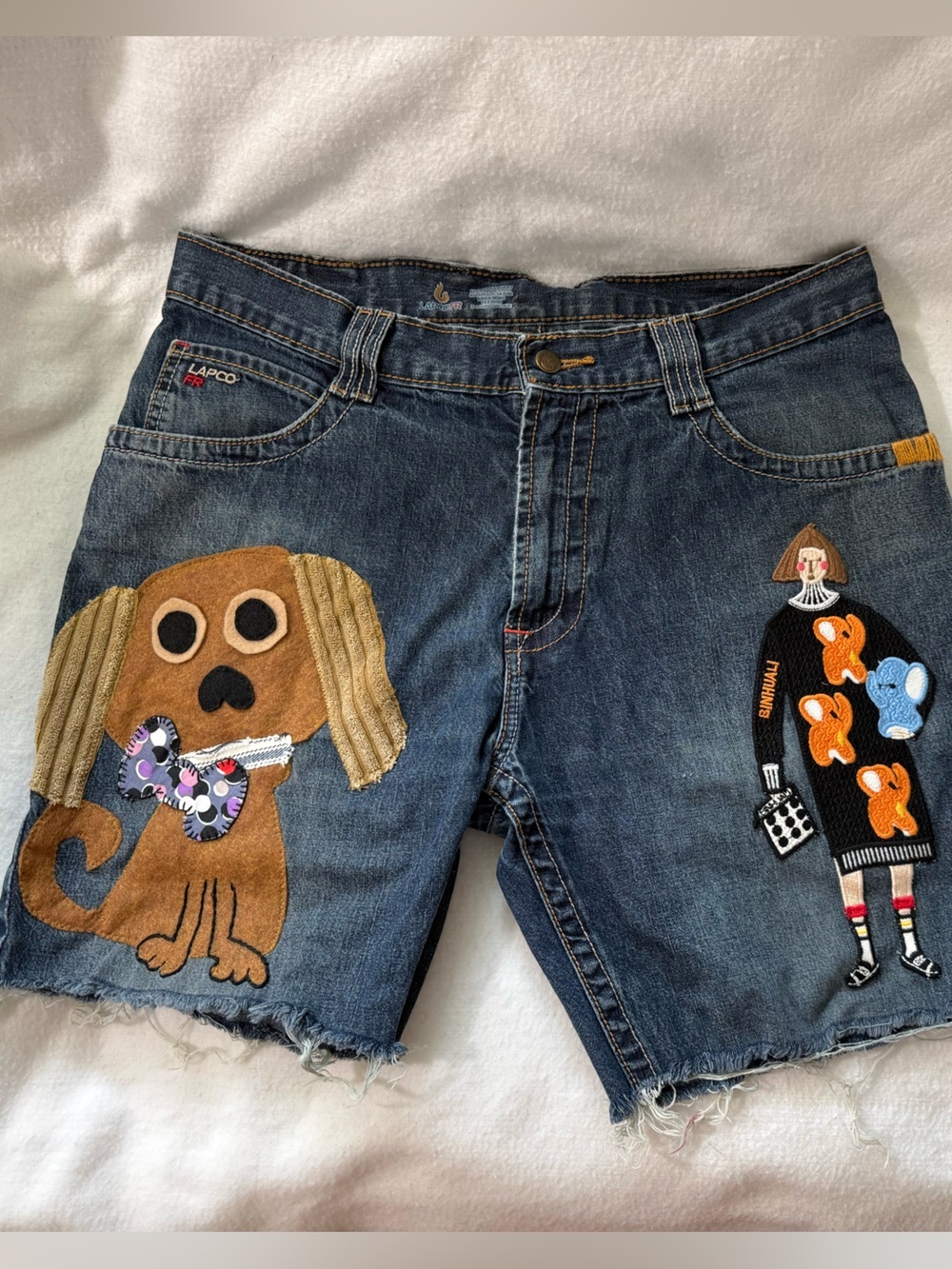 Upcycled Boho Jean Shorts Hand-Stitched Embroidered Puppy Patchwork Raw Hem Lg